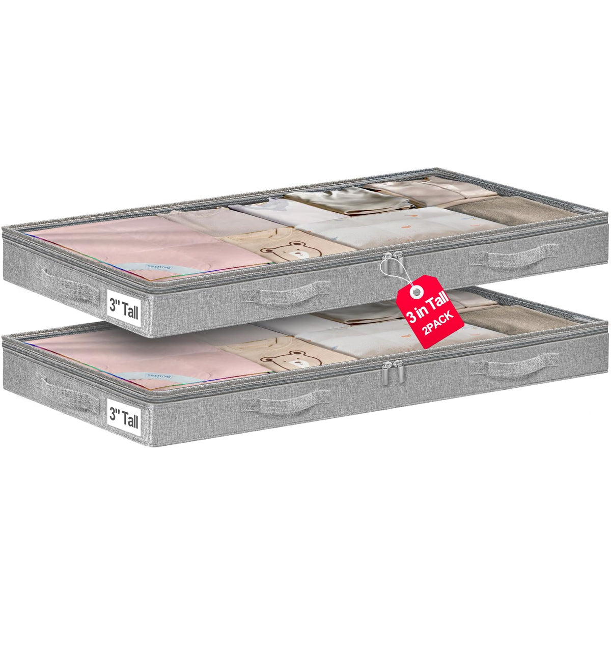 punemi 3 inch High Soft Low Profile Under Bed Storage Bins, 2 Pack, Grey