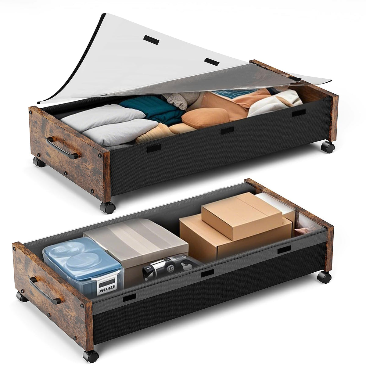 KITHELP Wooden Under Bed Storage with Wheels, Rolling Under the Bed Storage Bins with Removable Lid, Metal Under Bed Drawers for Clothes and Shoes in Bedroom or Living Room (White-2pack)