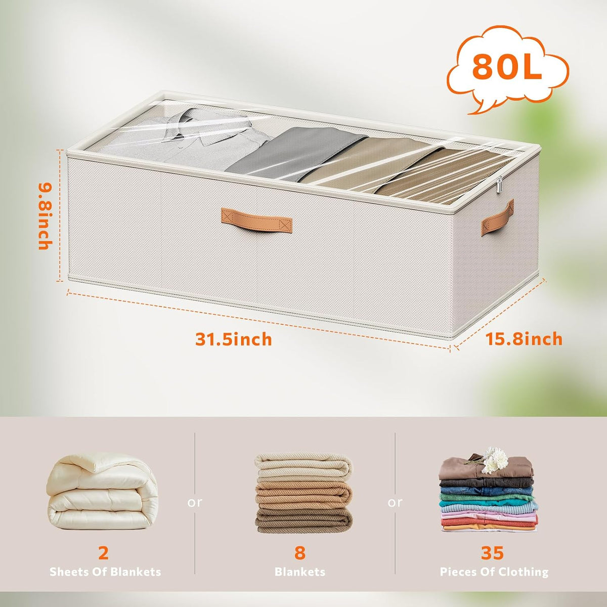 10inch 3 Pack Under Bed Storage Containers, 10 Inch Tall Underbed Clothes Storage Organizer Bin with Clear Window，Foldable Box Basket for Clothes, Closet, Bed Sheets and Blankets White