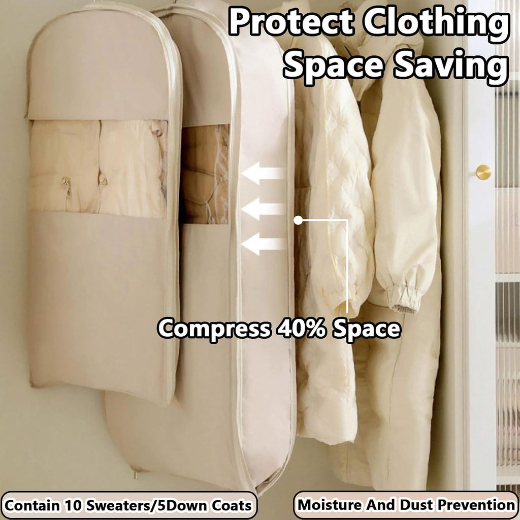 Space Saving Hanging Garment Bag with Self Compression Zipper，Dust Cover Clothes Bags for Down Coat,Dress,Suit，Closet Storage Organizer for Home Travel Use (Beige, M+L+XL)