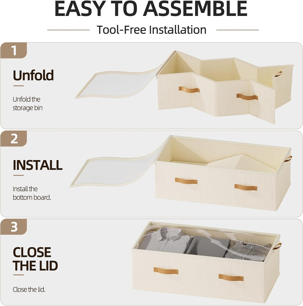 10inch 3 Pack Under Bed Storage Containers, 10 Inch Tall Underbed Clothes Storage Organizer Bin with Clear Window，Foldable Box Basket for Clothes, Closet, Bed Sheets and Blankets Beige