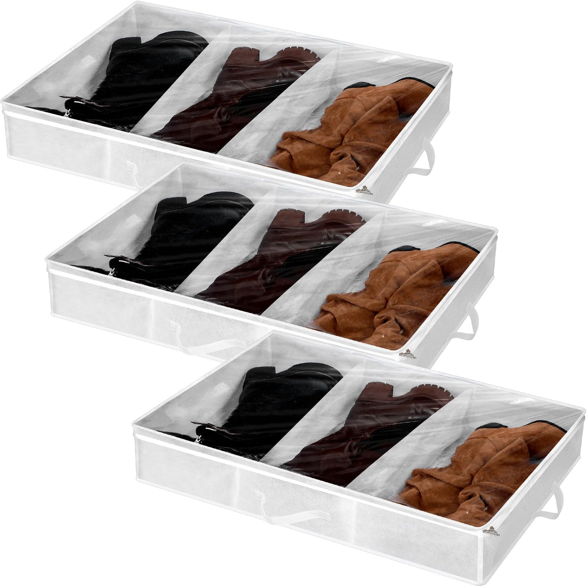 SATINIOR 3 Pcs 3 Section Under Bed Shoe Storage Boot Bag Grey and Black Underbed Shoe Organizer with Large Clear Pockets Fabric for Storage Men's and Woman's Boots