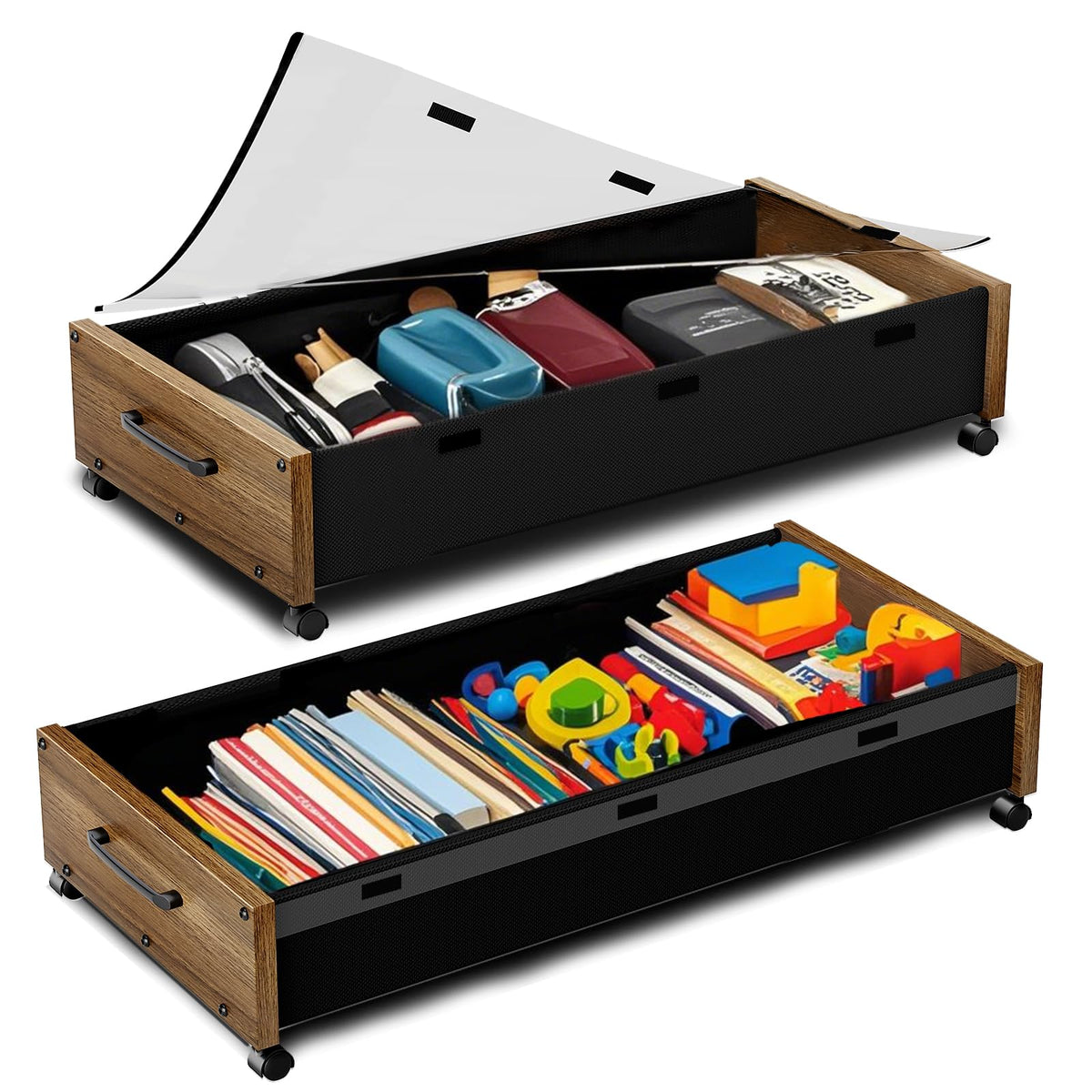 KITHELP Wooden Under Bed Storage with Wheels, Rolling Under the Bed Storage Bins with Removable Lid, Metal Under Bed Drawers for Clothes and Shoes in Bedroom or Living Room (White-2pack)