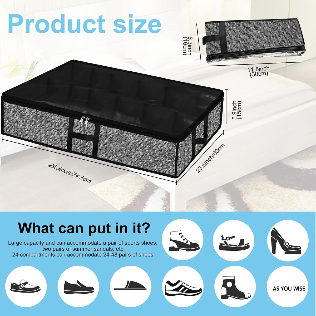 Under Bed Storage Organizer for Closet 2pc-24 Pairs Shoe Boxes