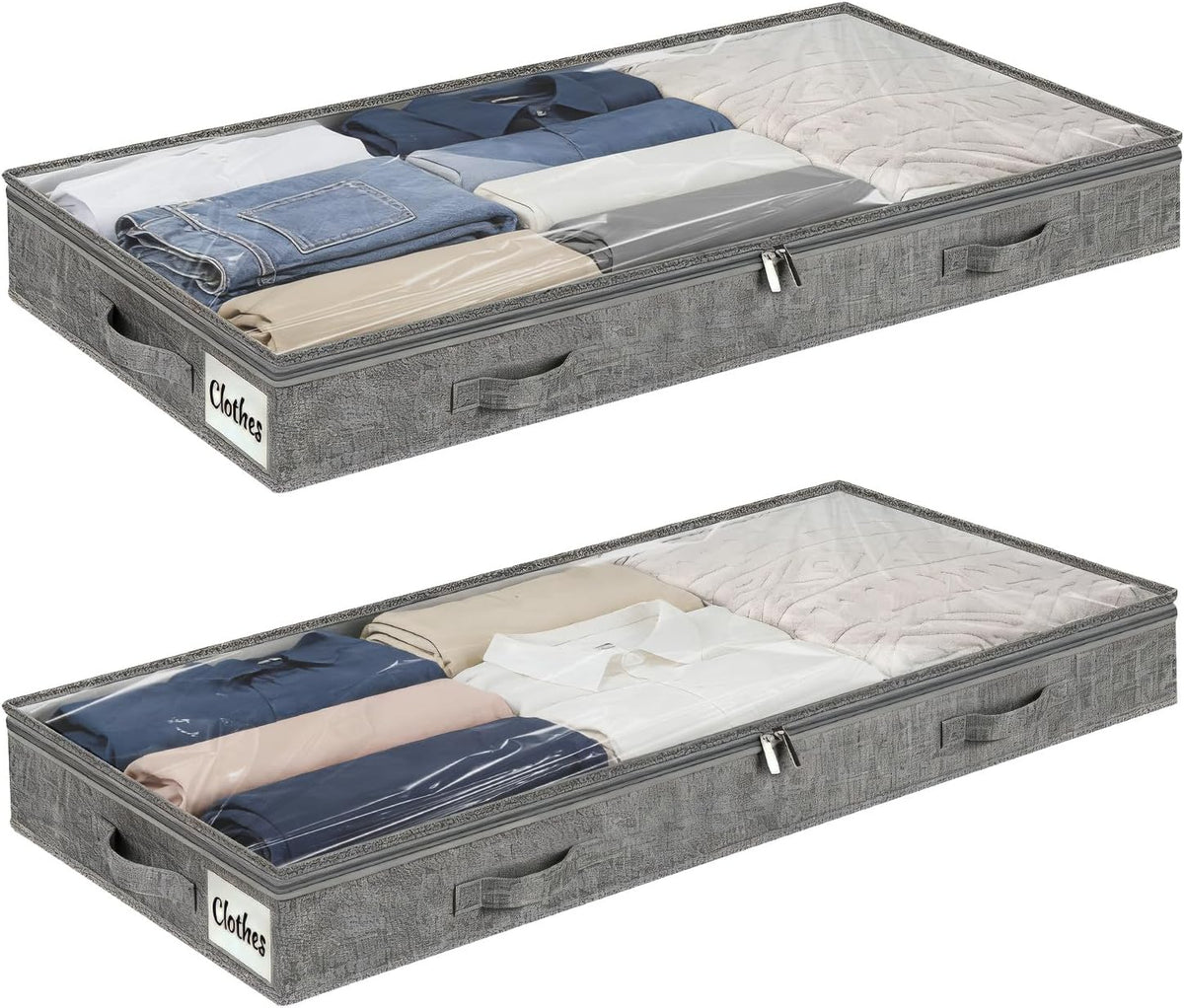 2 Pack 50L Low Profile Under Bed Storage Containers,4 Inches High Lightweight Underbed Storage NO STRUCTURE,Large Foldable Underbed Cloth Storage Bags for Blanket Fits Under Sofa,Couch,Grey
