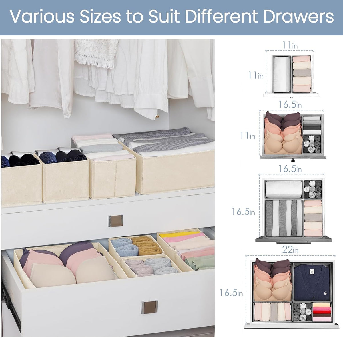 Criusia Drawer Organizer Clothes,16 Pack Underwear Drawer Organizers, Foldable Closet Organizers and Storage Dresser Drawer Dividers Clothing Organizer for Clothes, Socks, Scarves, Bra, Ties (Beige)