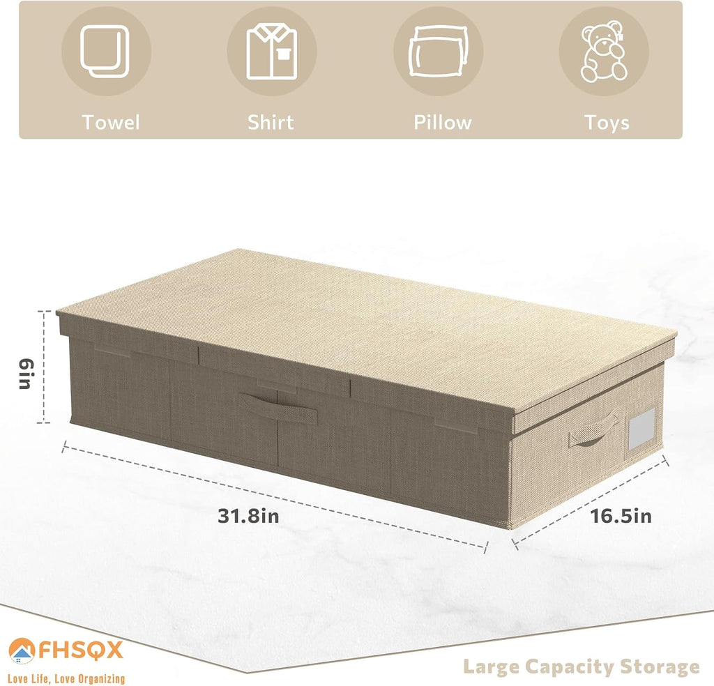 FHSQX Under Bed Storage Container 2Pack 6 Inches Low Profile Under-bed Organizer Bins Slim Under Couch Storage Box Ideal For Seasonal Clothes Blankets Towel Fabric (2, Beige, 31.5 * 16.5 * 6in)