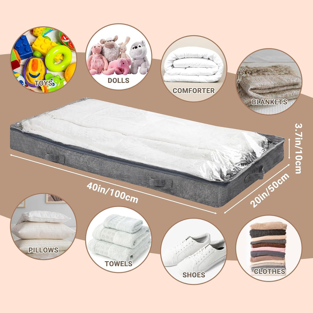 2 Pack 50L Low Profile Under Bed Storage Containers,4 Inches High Lightweight Underbed Storage NO STRUCTURE,Large Foldable Underbed Cloth Storage Bags for Blanket Fits Under Sofa,Couch,Grey