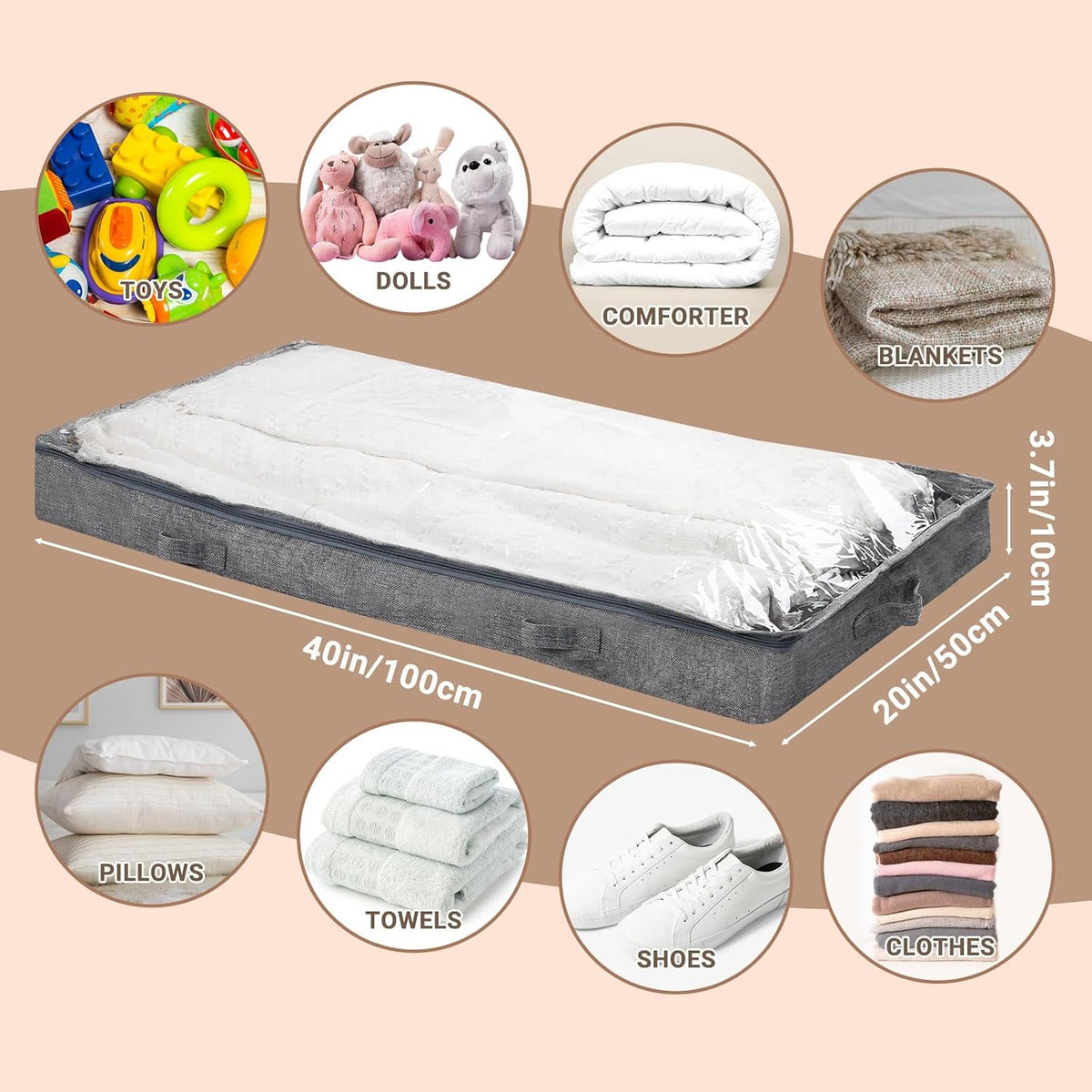 2 Pack 50L Low Profile Under Bed Storage Containers,4 Inches High Lightweight Underbed Storage NO STRUCTURE,Large Foldable Underbed Cloth Storage Bags for Blanket Fits Under Sofa,Couch,Grey