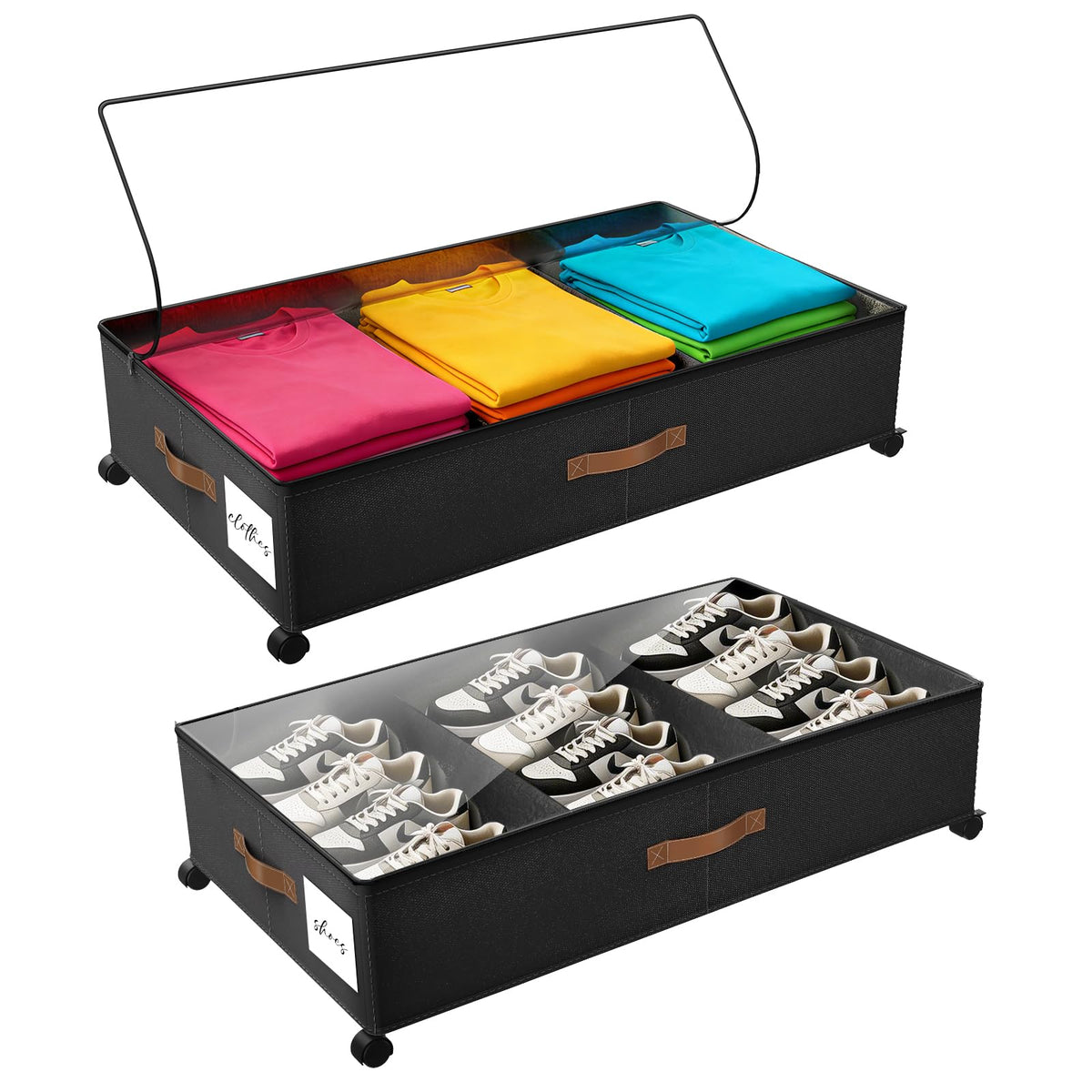 Under Bed Storage with Wheels, Rolling Under Bed Storage Containers with Clear Lid and Handles for Clothes, Shoes, Blankets, Pillows, Toys, Books, Bags (60L, 30.9 x 16.9 x 6.7in, Black, 2 Pack)