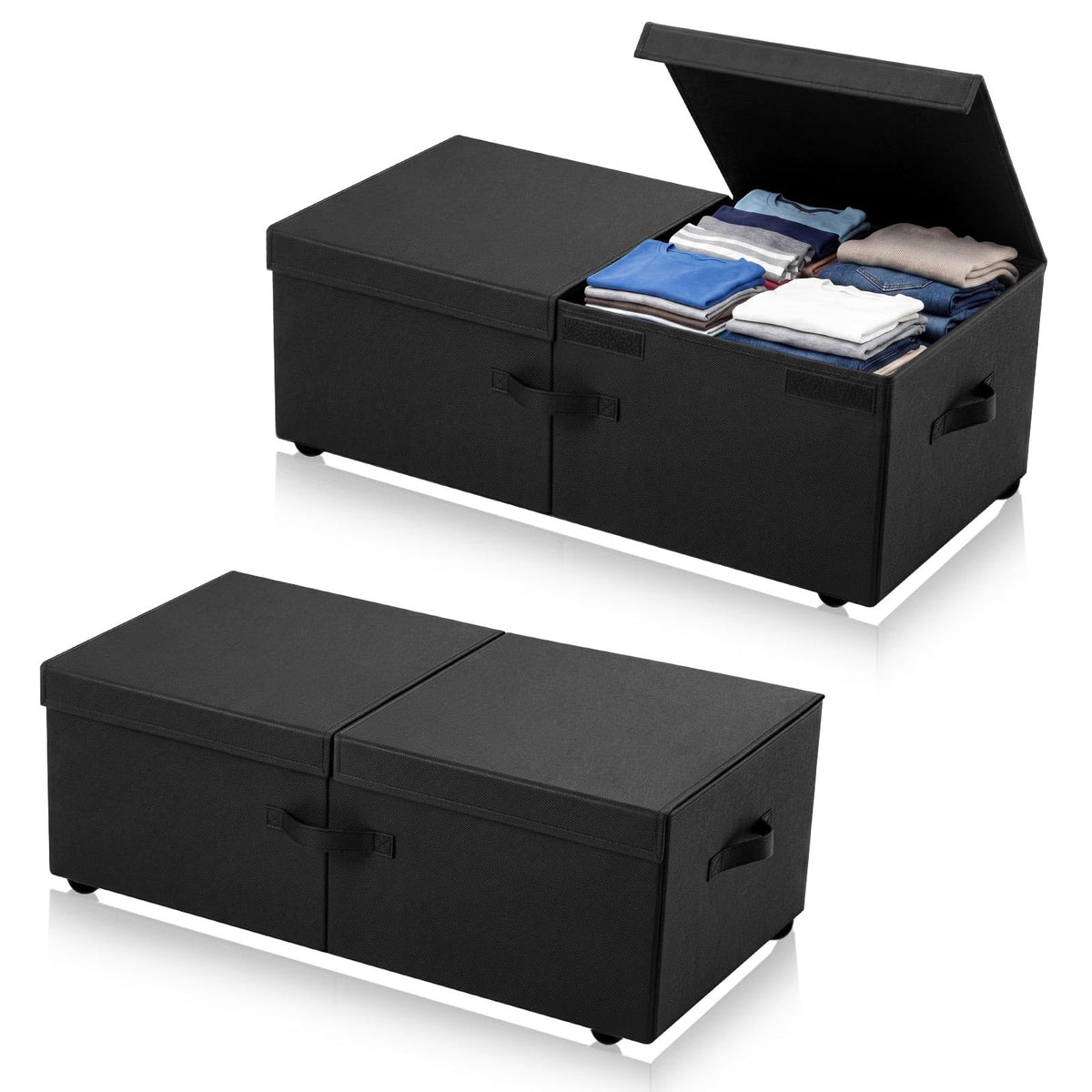 Geelin 4 Pack Under Bed Storage with Wheels, 10 Inch Height 65L Large Capacity Foldable Underbed Storage Bins with Lids & Handles, Easy Assembly Rolling Under Bed Containers for Clothes Blankets Shoes
