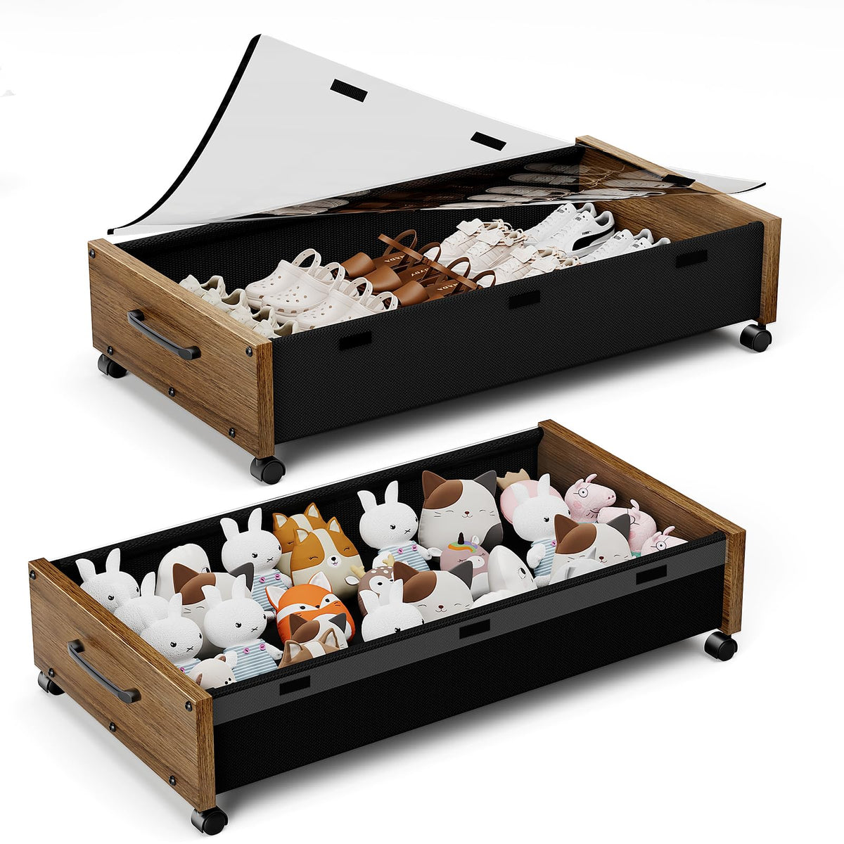 Under Bed Storage with Wheels, Wooden Under the Bed Storage with Remove Lid, Rolling Underbed Storage Drawers, Large Metal Storage Bins for Shoes Blankets Clothes Bedrooms Dorms (Vintage Brown-2pack)