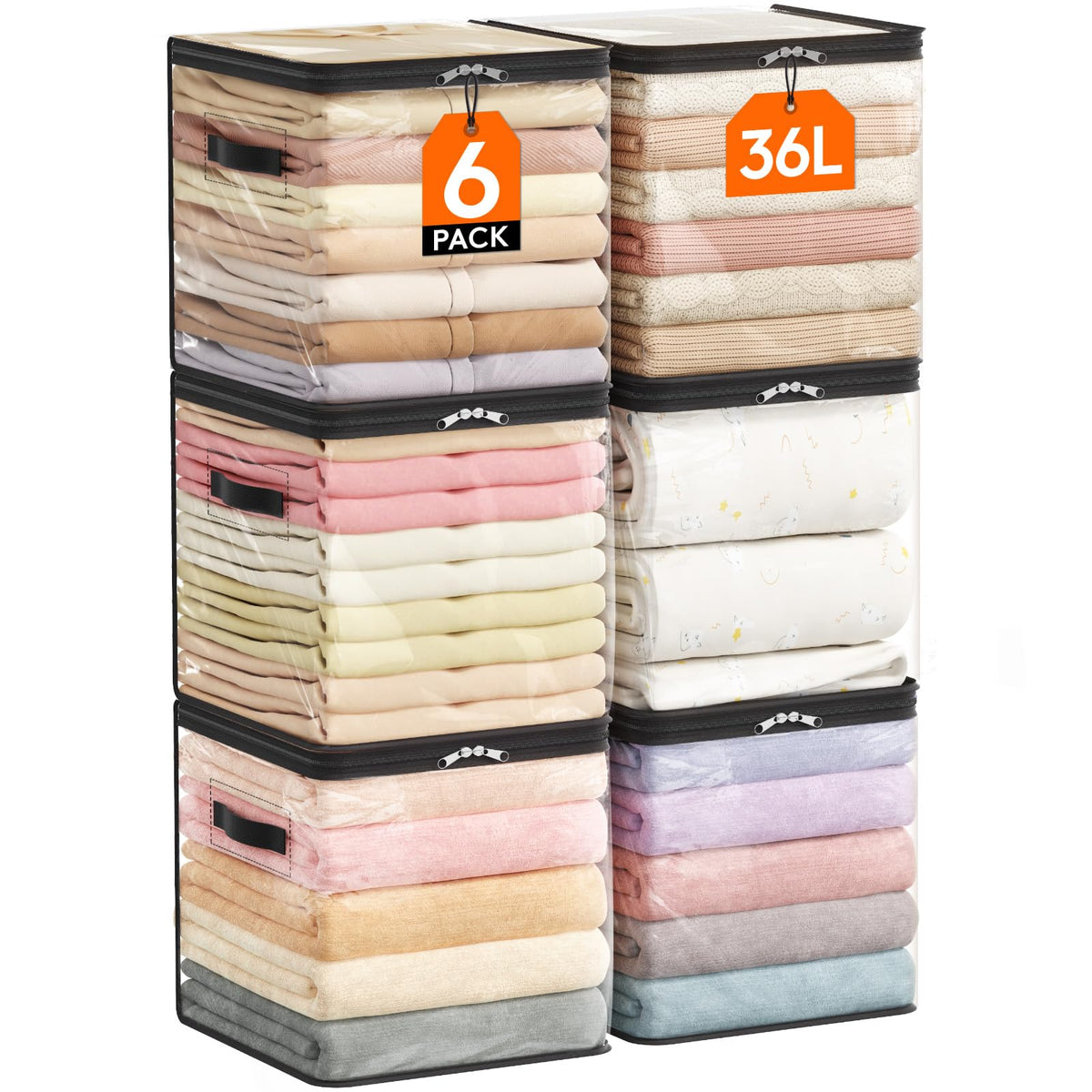 Lifewit 6 Pack Clear Clothes Storage Bags, Sweater Storage with Zipper, 36L
