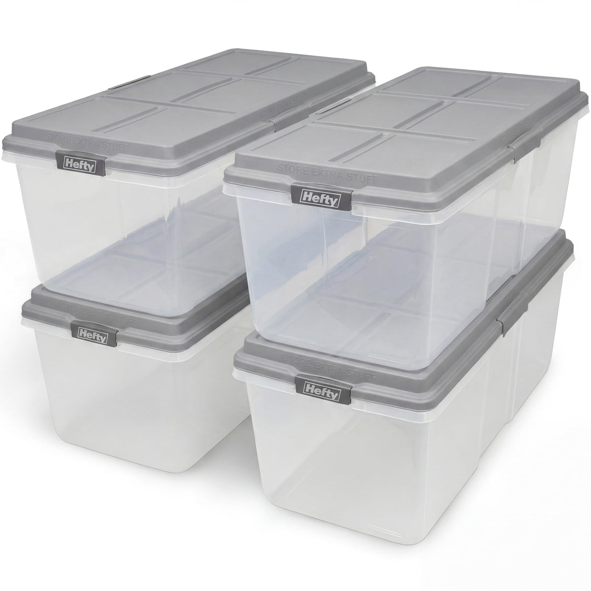 Hefty 63 Qt Hi-Rise Storage Bin with Lid, Stackable Plastic Storage Container, Organizer for Home, Garage & Closet, 4 Pack, Gray