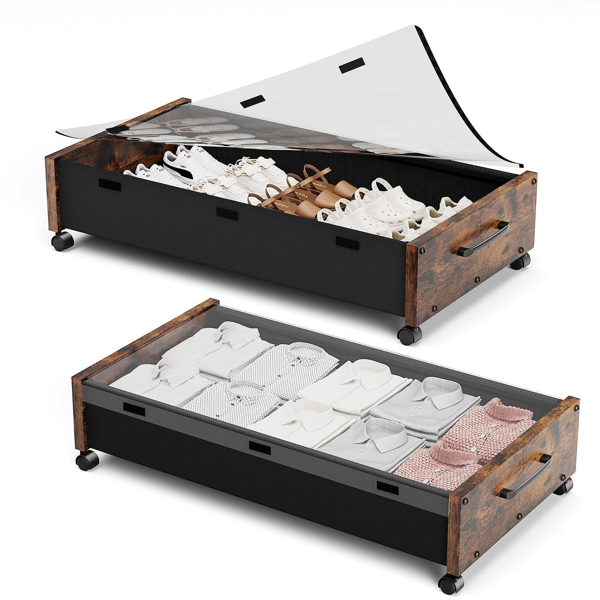 KITHELP Wooden Under Bed Storage with Wheels, Rolling Under the Bed Storage Bins with Removable Lid, Metal Under Bed Drawers for Clothes and Shoes in Bedroom or Living Room (White-2pack)