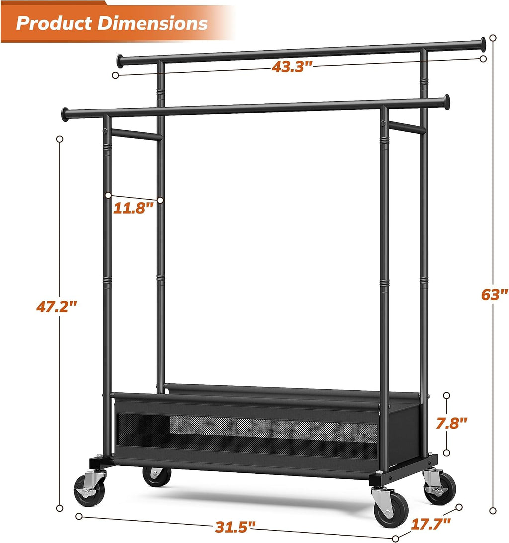Clothes Rack 210 LBS Double Rods Extra Storage Basket