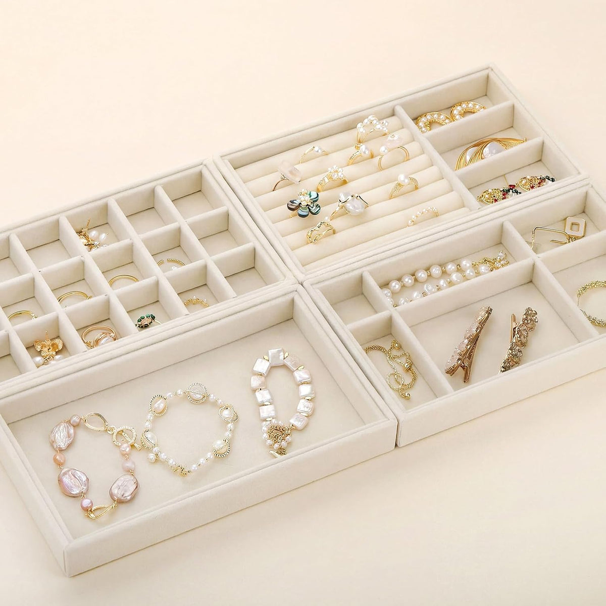 Elsjoy 8 Pack Velvet Jewelry Trays, Stackable Jewelry Organizer Trays for Drawers, Beige Jewelry Storage and Display Tray Inserts for Necklaces, Rings, Earrings