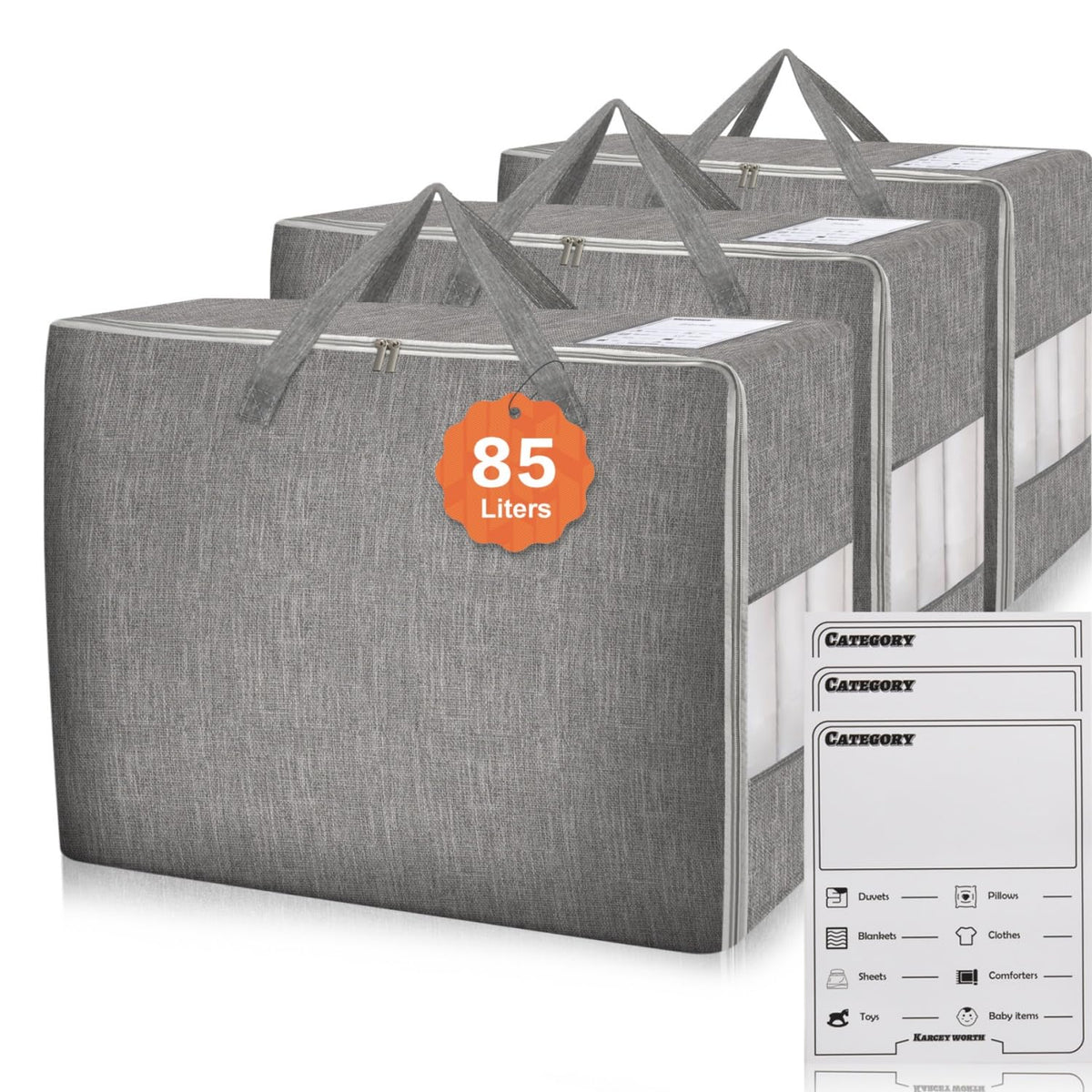 3 Pack 105L Comforter Storage Bags, Extra Large Bedding Storage Bags with Card and Clear Window, Reinforced Handles & Zippers, Foldable Closet Organizers for Blanket Pillow Clothes