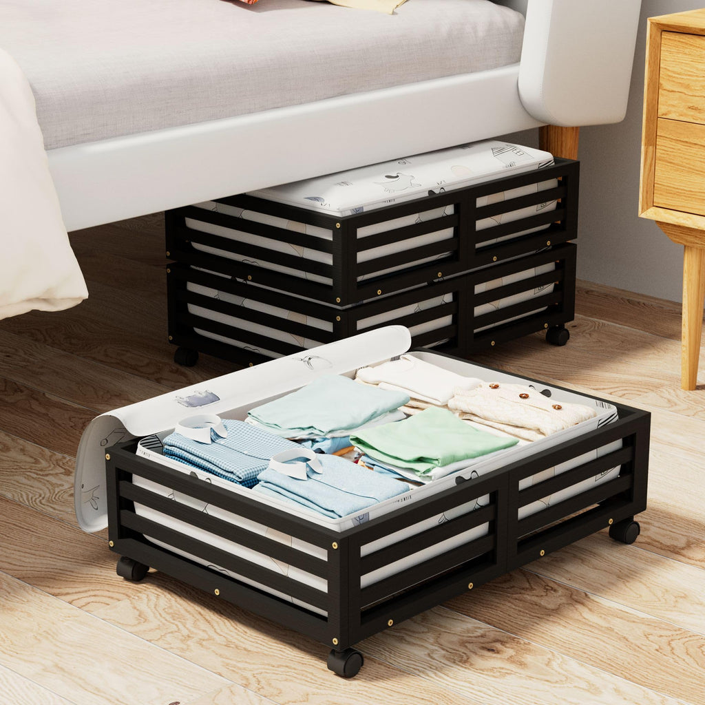 Bamboo Under Bed Storage with Wheels Rolling Underbed Drawer with Lids