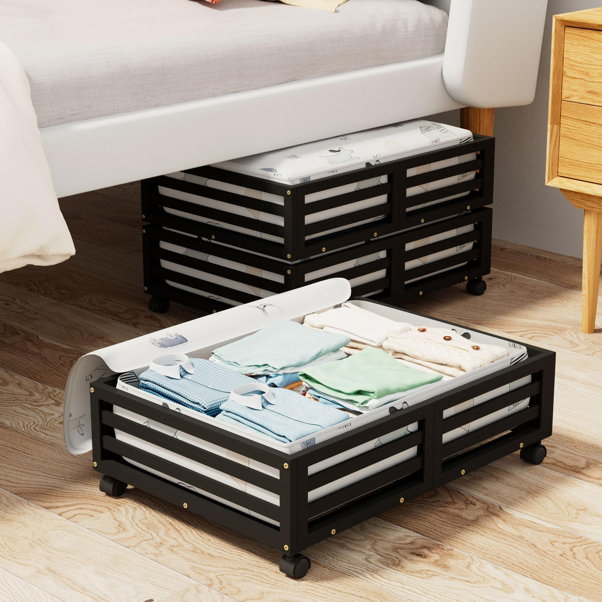Bamboo Under Bed Storage with Wheels Rolling Underbed Drawer with Lids