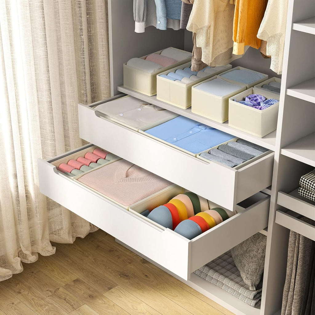 DIMJ Drawer Organizer Clothes, 12 Pack Dresser Organizer for Nursery, Baby Clothes, Underwears, Sock, Fabric Dresser Bins, Drawer Dividers, Foldable Closet Organizers and Storage(Beige)