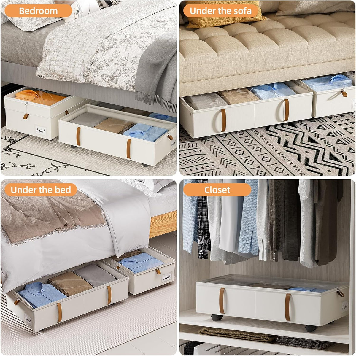 Under Bed Storage with Wheels，3 Pack Height-adjustable Under Bed Storage Containers, 6.5in-10in Tall Underbed Clothes Storage Organizer Bin with Clear Window，Foldable Box Basket for Clothes