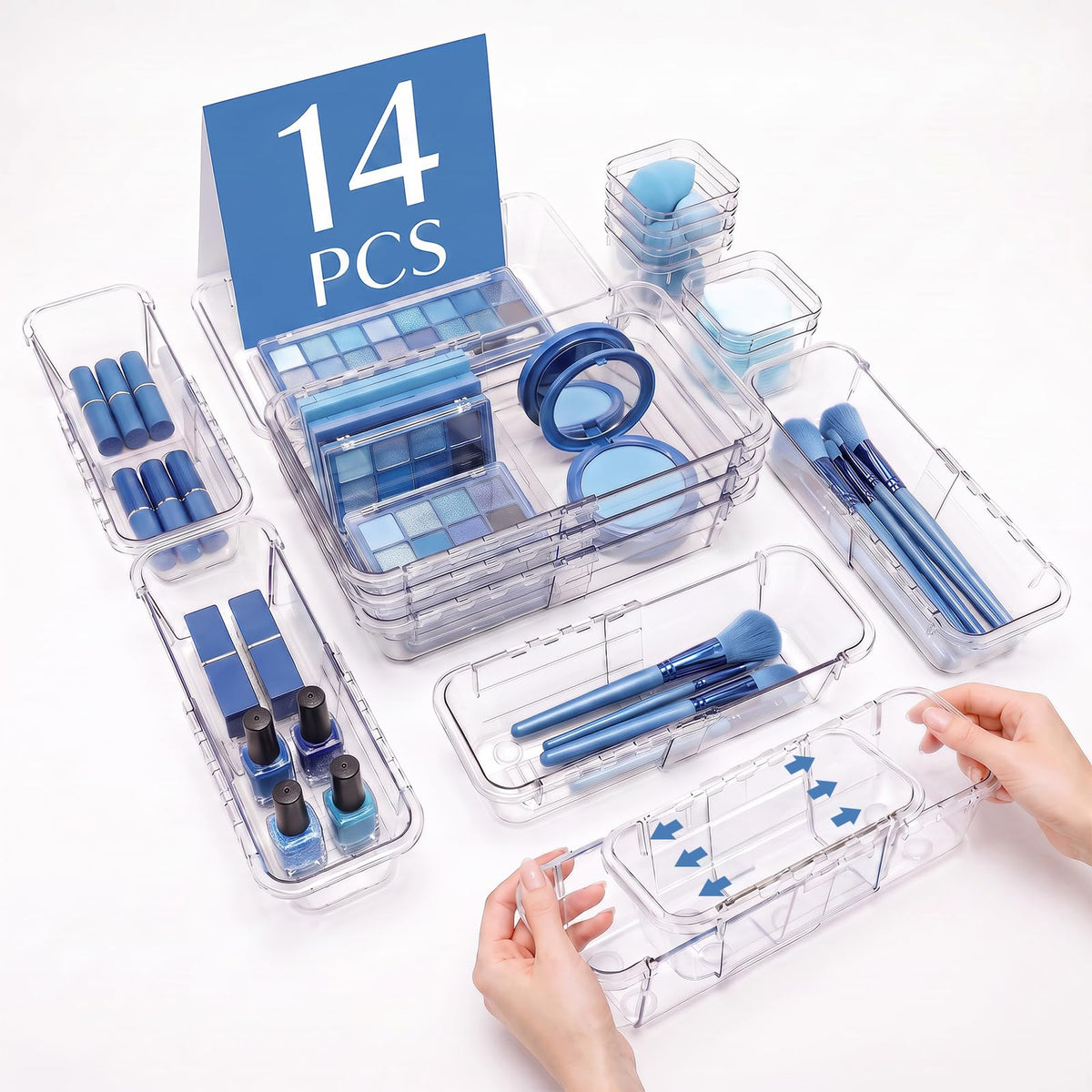 16 Pcs Drawer Organizer Set, Expandable Clear Plastic Drawer Storage Bins, Adjustable Drawer Divider Organizers, Durable Drawer Storage Extendable Trays for Gadgets, Makeup, Kitchen, Bathroom, Office