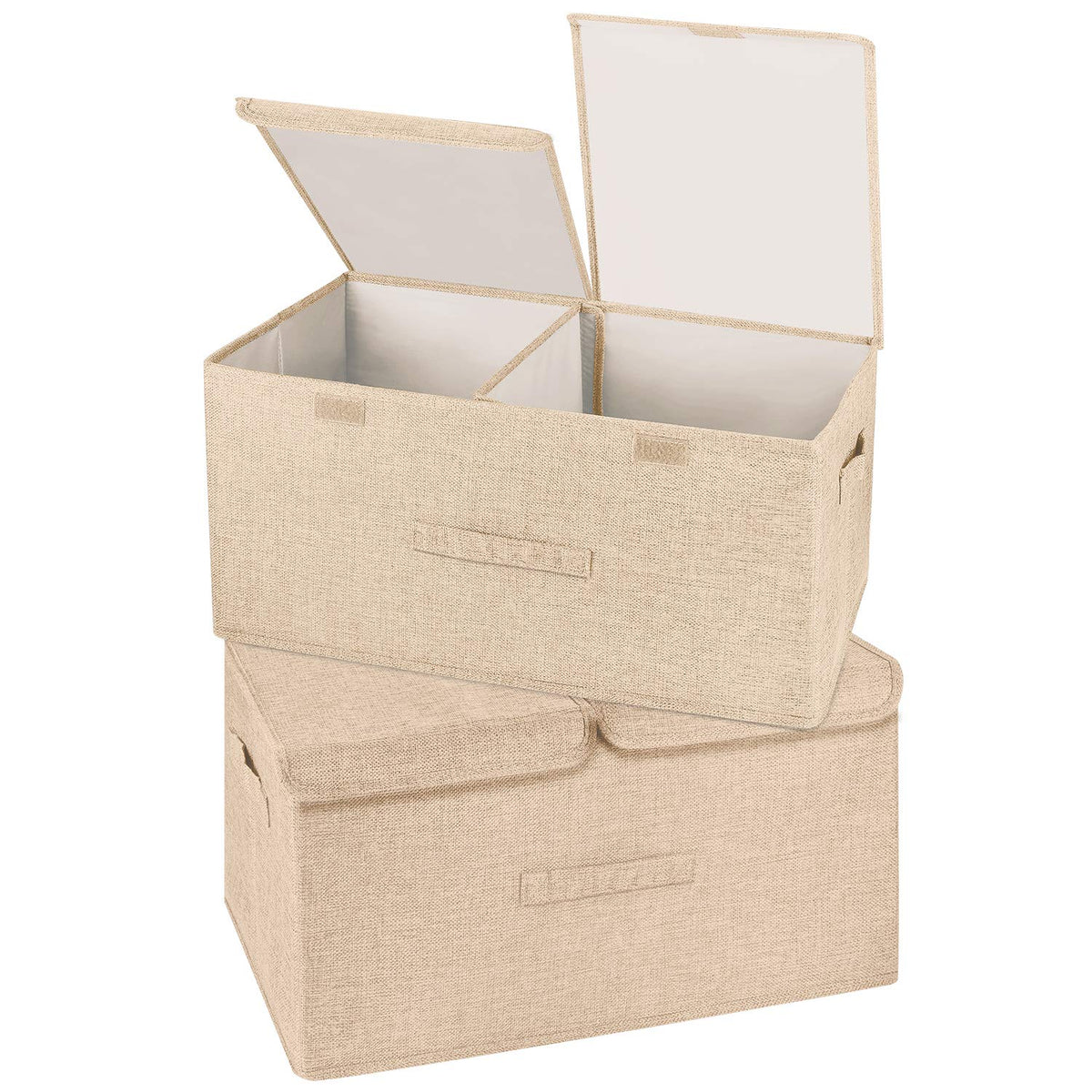 2 Pack Large Storage Boxes with Lids and Handles, Collapsible Linen Storage Bins Organizer Containers Baskets Cube with Removable Divider for Home Bedroom Closet Office (Cream, Small)