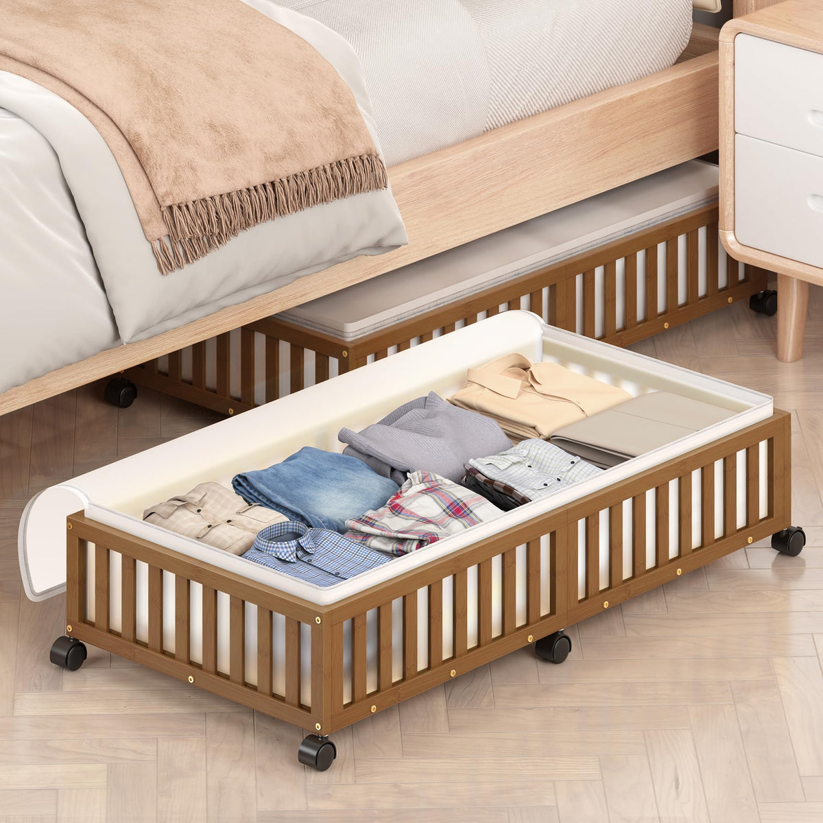 2 Pack Large Bamboo Under Bed Storage Containers with Wheels, Nature