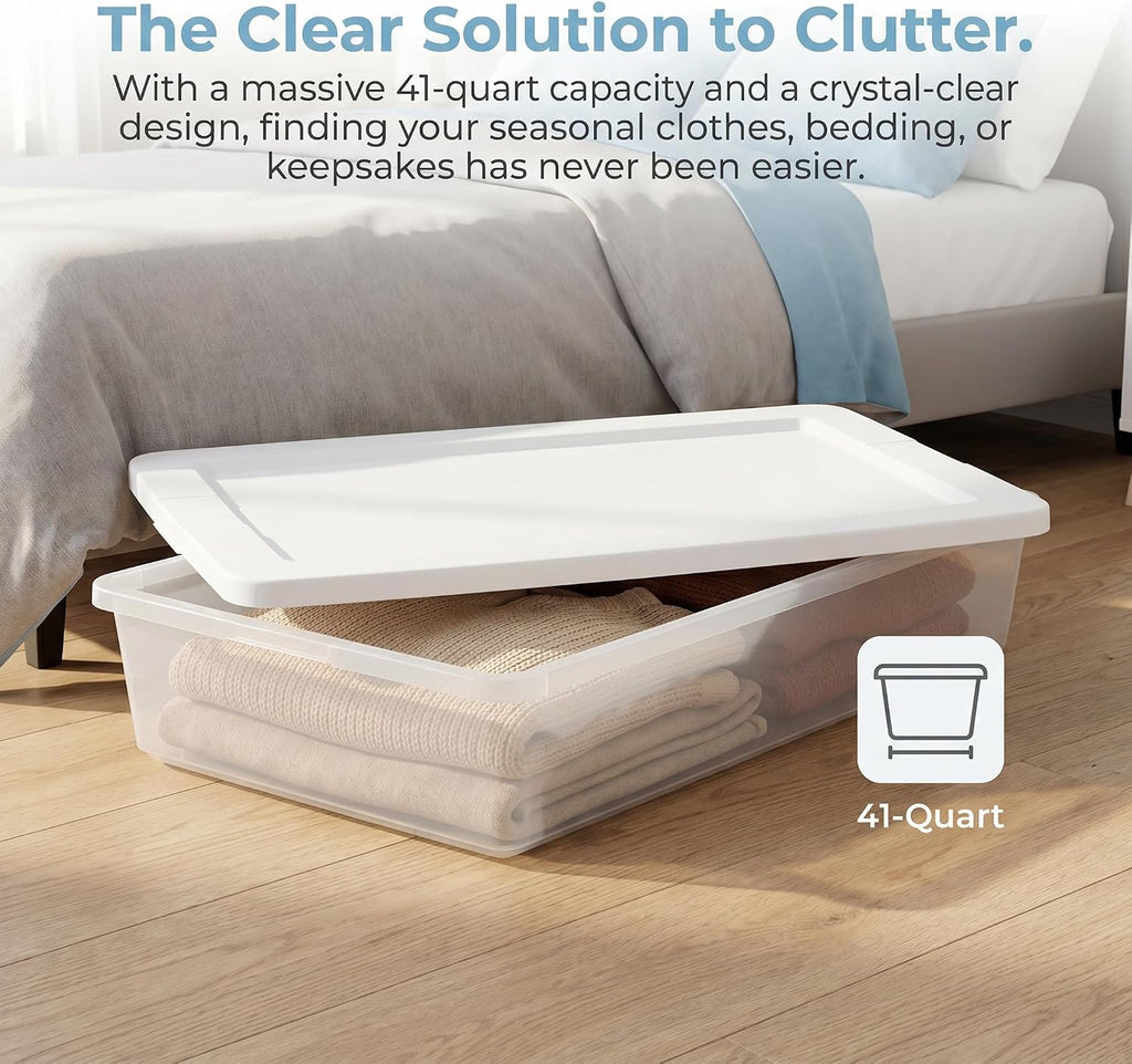 2 Pack 41 Qt Clear Under Bed Container, Stackable Storage Bin with Lid