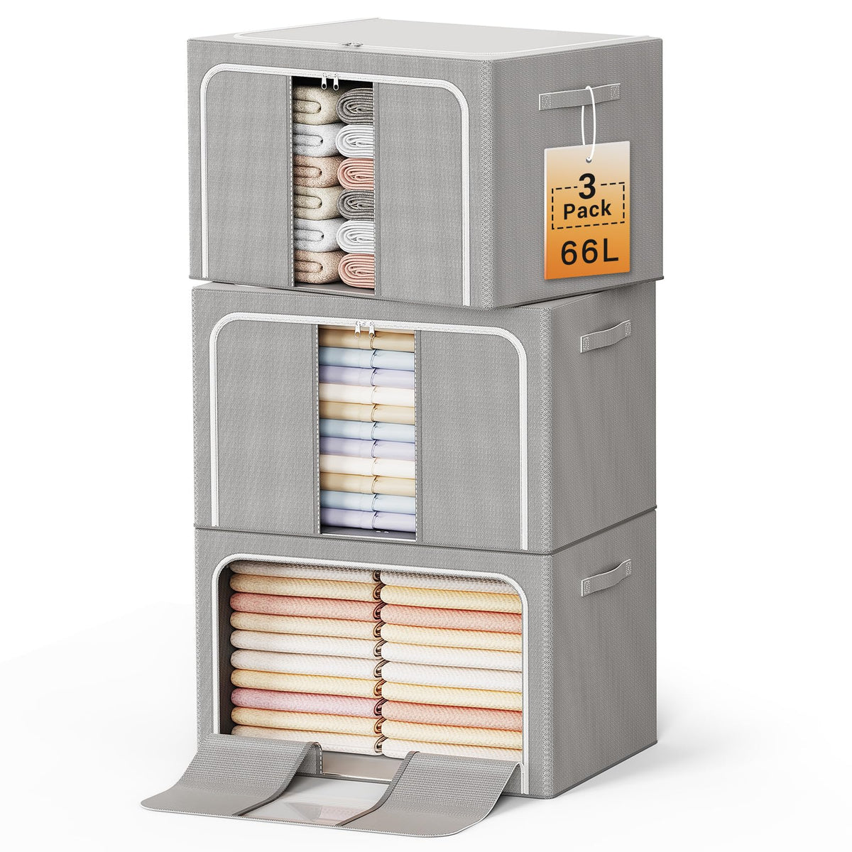 Clothes Storage Bins with Metal Frame Foldable Storage Box Clothes Organizers Storage Containers for Clothes Sheets Blankets Books Toys Gifts and Holiday Decorations (24Lx3 Pack)