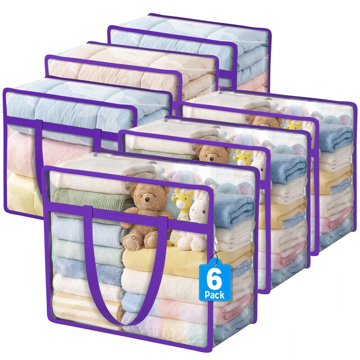 6 Pack Clear Storage Bags for Clothes, 45L Closet Organizers and Storage