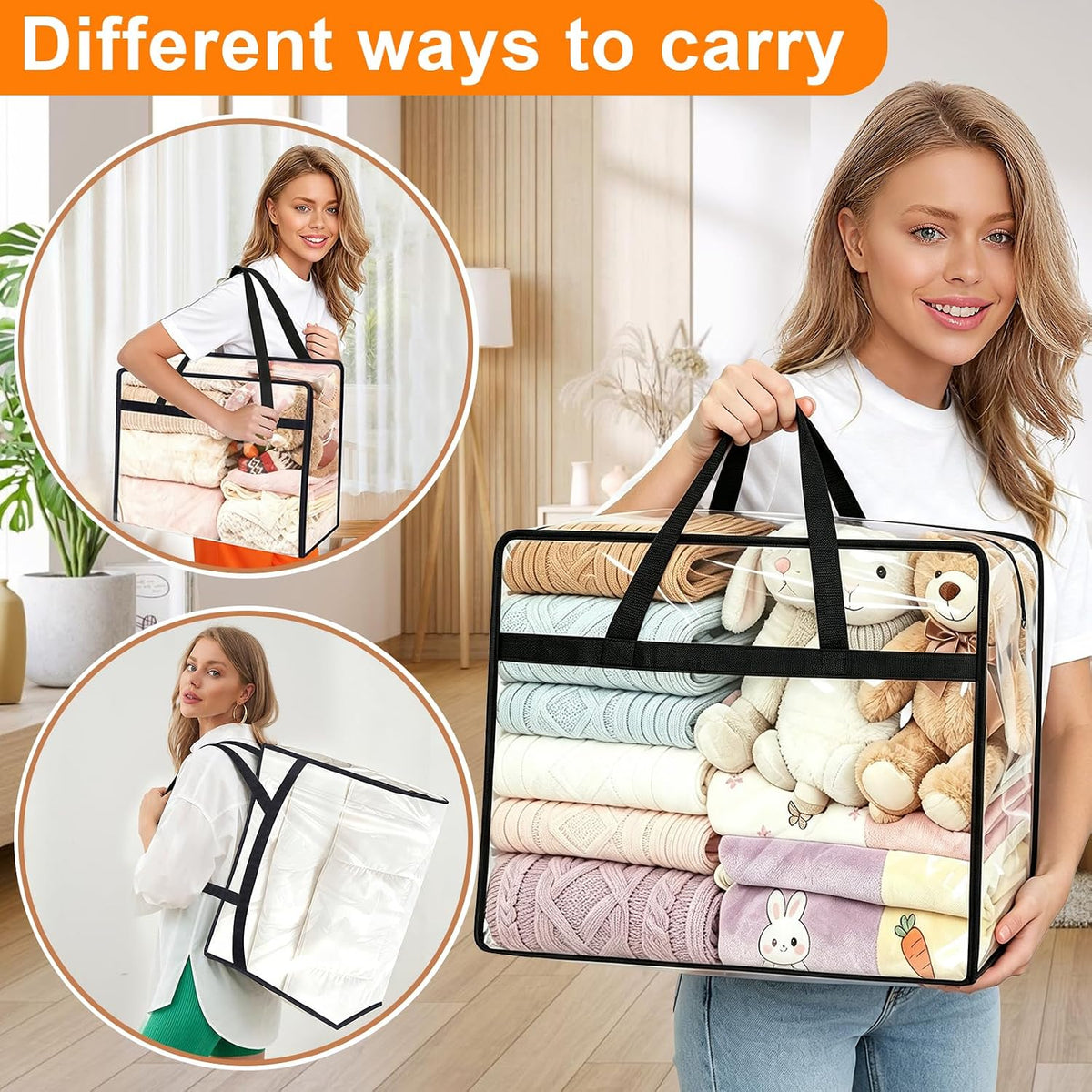 4 Pack Clear Clothes Storage Bags, 40L Vinyl Blanket Storage Containers with Heavy Duty Zipper, Foldable Moving Bags, Closet Organizers for Bedding, Clothing, Comforters, Linens, Duvet