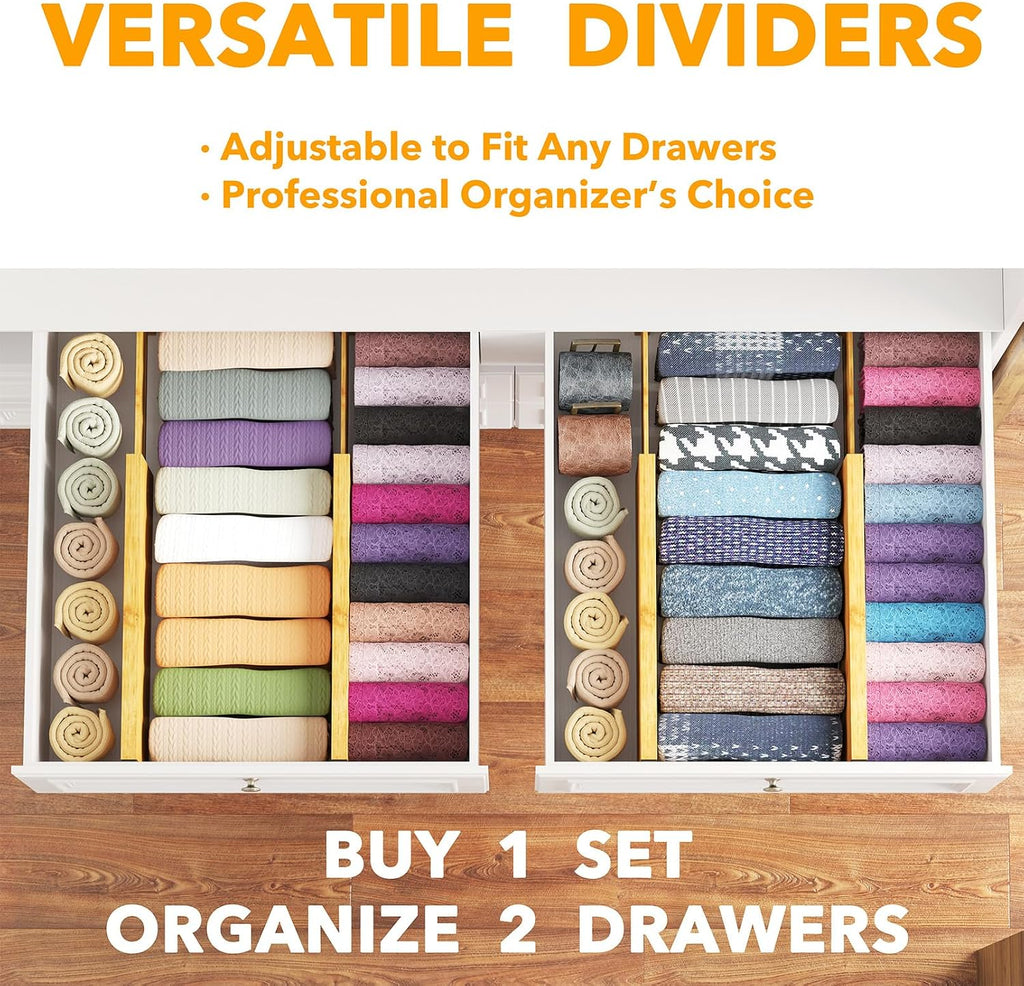 SpaceAid Bamboo 4 Pack Dresser Drawer Dividers, 4.65“ High Adjustable 12.5“-17” Drawer Organizers, Expandable Organization for Clothing, Clothes, Dressers, Natural