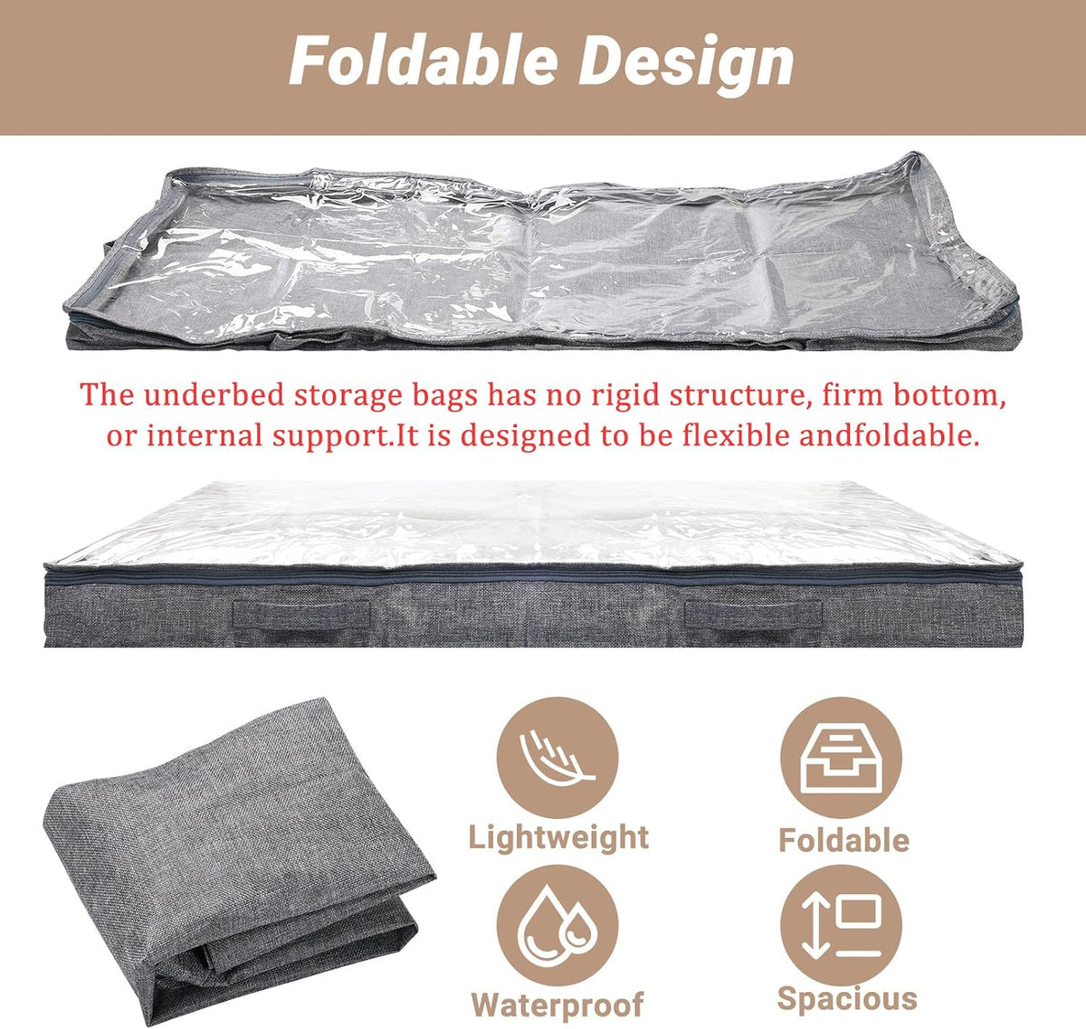 2 Pack 50L Low Profile Under Bed Storage Containers,4 Inches High Lightweight Underbed Storage NO STRUCTURE,Large Foldable Underbed Cloth Storage Bags for Blanket Fits Under Sofa,Couch,Grey