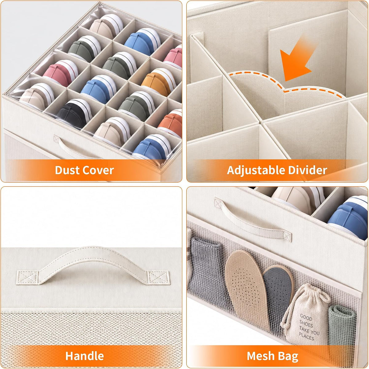 Shoe Organizer for Closet, Foldable Shoe Storage with Adjustable Dividers
