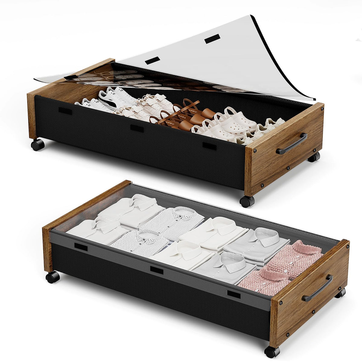 KITHELP Wooden Under Bed Storage with Wheels, Rolling Under the Bed Storage Bins with Removable Lid, Metal Under Bed Drawers for Clothes and Shoes in Bedroom or Living Room (White-2pack)