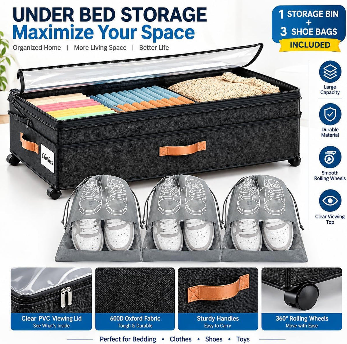 90L XXL Under Bed Storage Bins with Wheels, 1-Pack, Clear Lids, Black