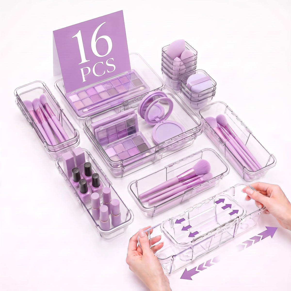16 Pcs Drawer Organizer Set, Expandable Clear Plastic Drawer Storage Bins, Adjustable Drawer Divider Organizers, Durable Drawer Storage Extendable Trays for Gadgets, Makeup, Kitchen, Bathroom, Office