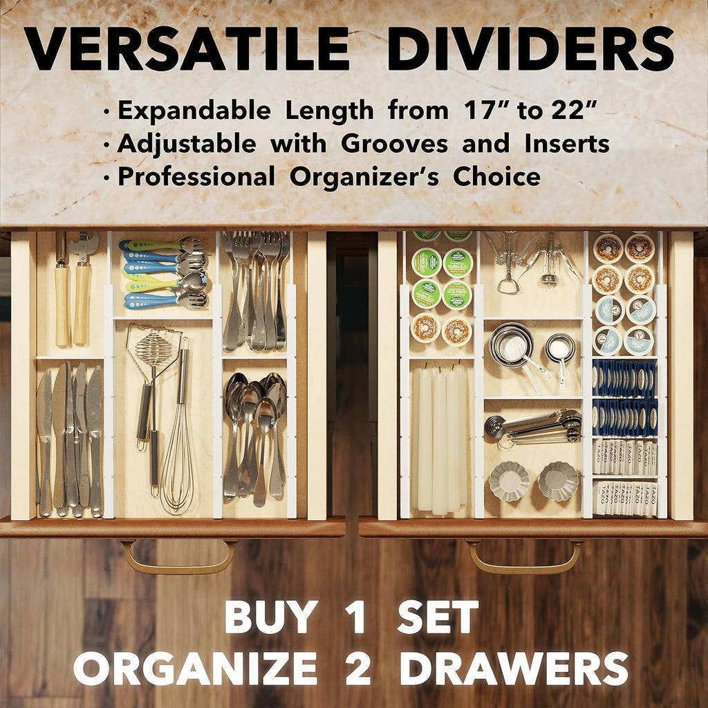 SpaceAid Bamboo Drawer Dividers with Inserts and Labels, Kitchen Adjustable Drawer Organizers, Expandable Organization for Home, Office, Dressers, 7 Dividers with 15 Inserts (17"-22" White)