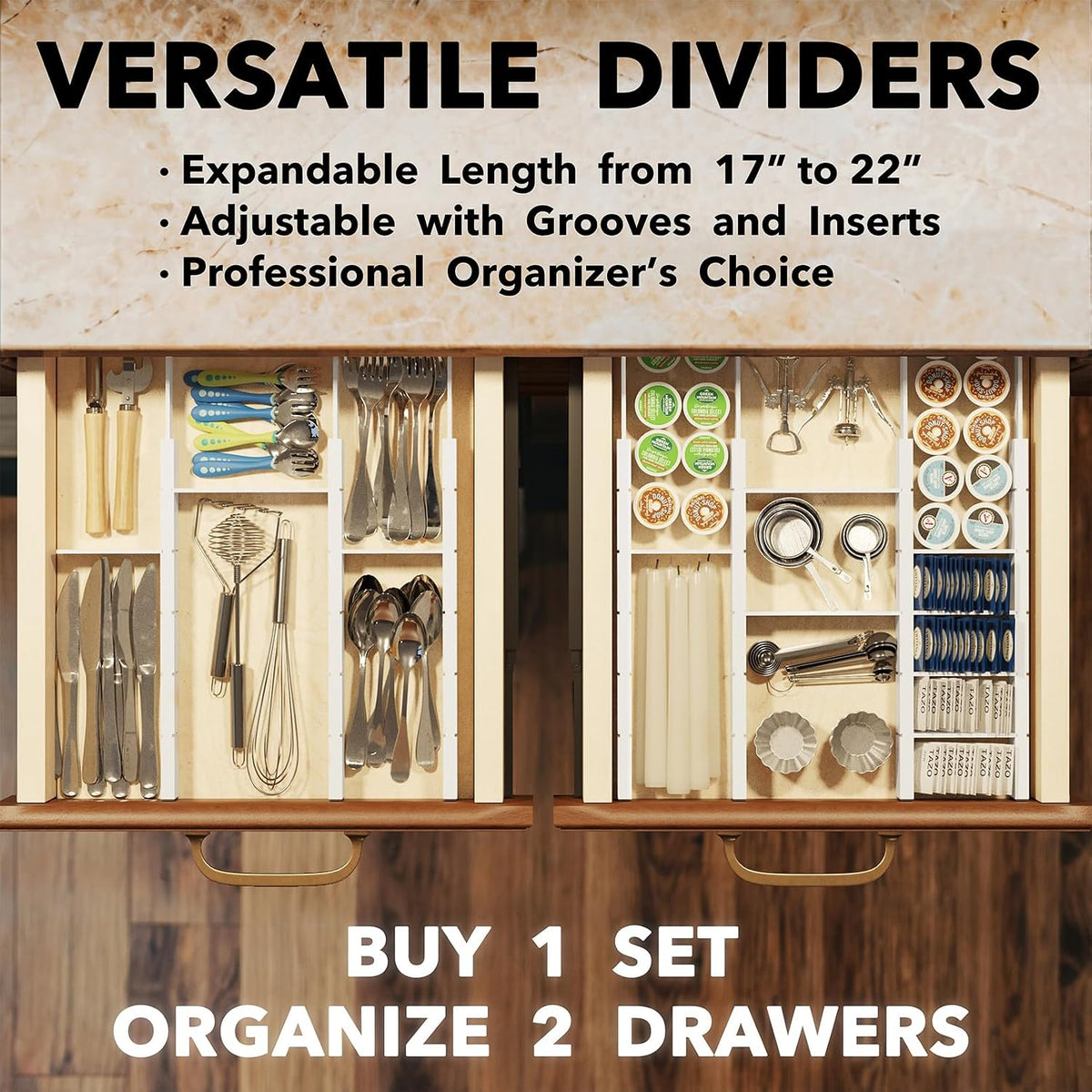 SpaceAid Bamboo Drawer Dividers with Inserts and Labels, Kitchen Adjustable Drawer Organizers, Expandable Organization for Home, Office, Dressers, 7 Dividers with 15 Inserts (17"-22" White)