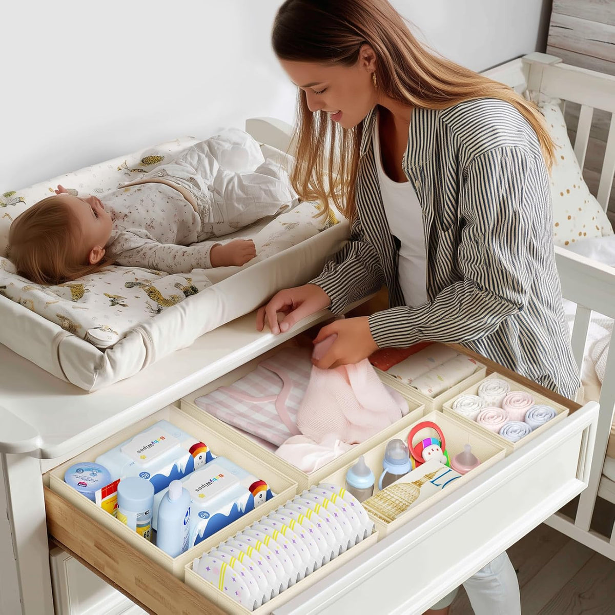 DIMJ Drawer Organizer Clothes, 12 Pack Dresser Organizer for Nursery, Baby Clothes, Underwears, Sock, Fabric Dresser Bins, Drawer Dividers, Foldable Closet Organizers and Storage(Beige)