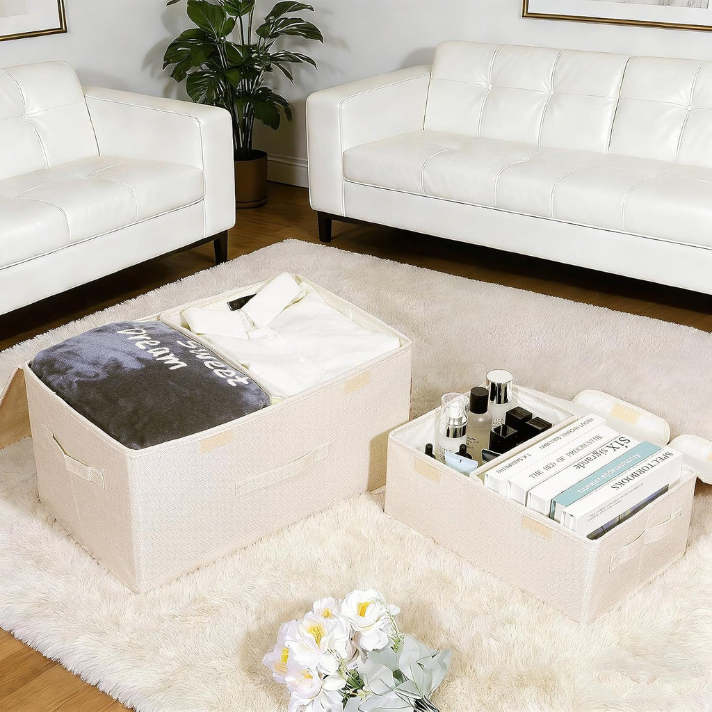 2 Pack Large Storage Boxes with Lids and Handles, Collapsible Linen Storage Bins Organizer Containers Baskets Cube with Removable Divider for Home Bedroom Closet Office (Cream, Small)
