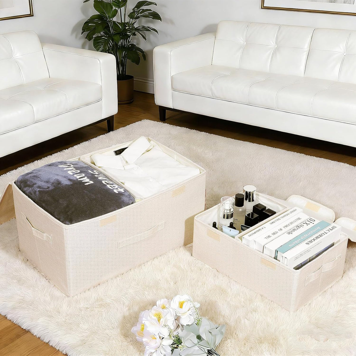 2 Pack Large Storage Boxes with Lids and Handles, Collapsible Linen Storage Bins Organizer Containers Baskets Cube with Removable Divider for Home Bedroom Closet Office (Cream, Small)