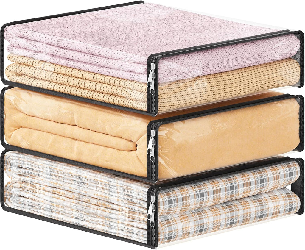Lifewit 14L Clear Sheet Storage Bags with Zipper 3 Pack, Plastic Sweater Storage Bins for Clothing, Vinyl Foldable Clothes Containers Organizers for Closet, Blankets, Bedding 15.7 x 13.8 x 3.9 Inch