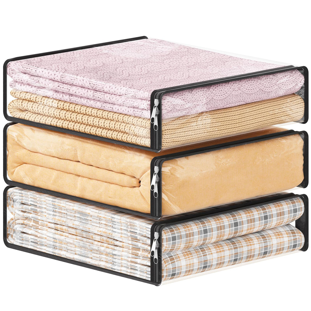 Lifewit 14L Clear Sheet Storage Bags with Zipper 3 Pack, Plastic Sweater Storage Bins for Clothing, Vinyl Foldable Clothes Containers Organizers for Closet, Blankets, Bedding 15.7 x 13.8 x 3.9 Inch