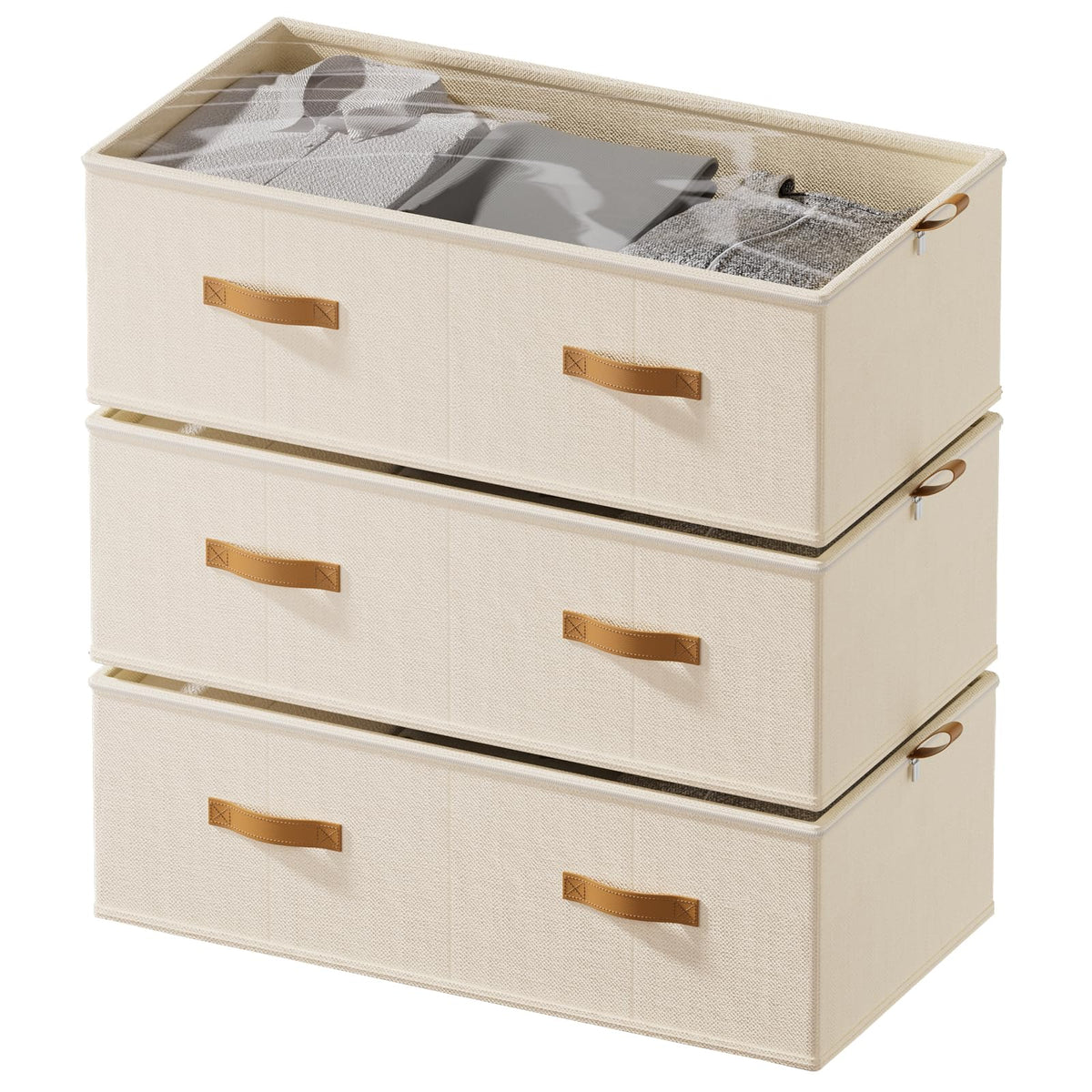 10inch 3 Pack Under Bed Storage Containers, 10 Inch Tall Underbed Clothes Storage Organizer Bin with Clear Window，Foldable Box Basket for Clothes, Closet, Bed Sheets and Blankets Beige
