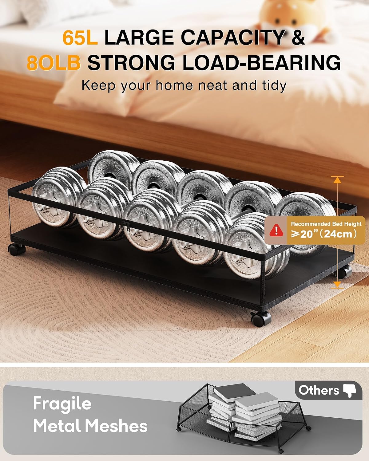 Under Bed Storage with Wheels,2Pack Underbed Shoe Storage Organizer,7.5-10.6 inchTall Adjustable Storage for Underbed with Lids,65L Extra large capacity for Clothes, Blankets,Shoes
