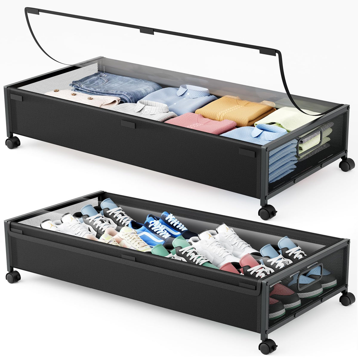 Under Bed Storage with Wheels,2Pack Underbed Shoe Storage Organizer,7.5-10.6 inchTall Adjustable Storage for Underbed with Lids,65L Extra large capacity for Clothes, Blankets,Shoes