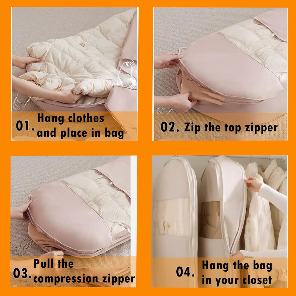 Space Saving Hanging Garment Bag with Self Compression Zipper, Suit Cover Bags, Heavy Duty Jackets & Parkas Storage, Dust Cover, Closet Organizer for Storage (Beige,L)